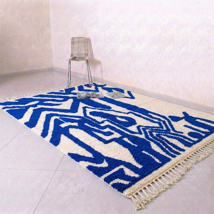Custom Beni Ourain Rug - Bold Abstract Cobalt Blue &amp; Cream