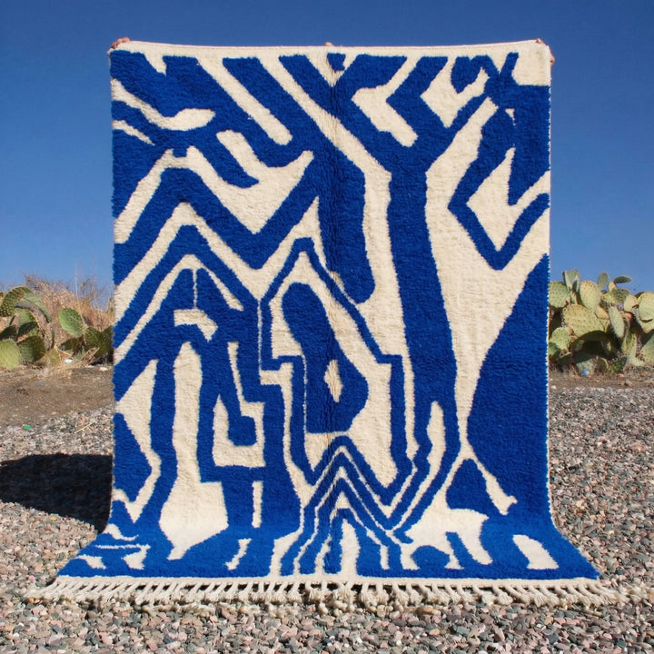 Custom Beni Ourain Rug - Bold Abstract Cobalt Blue &amp; Cream
