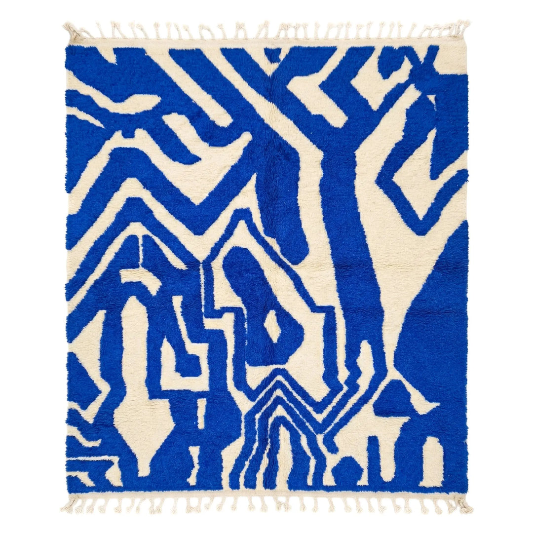 Custom Beni Ourain Rug - Bold Abstract Cobalt Blue &amp; Cream