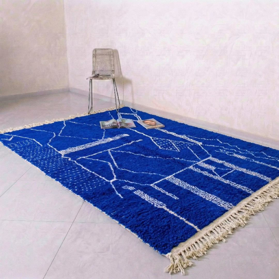 Custom Beni Ourain Rug - Electric Cobalt Blue &amp; White Geometric Craftily Marrakech