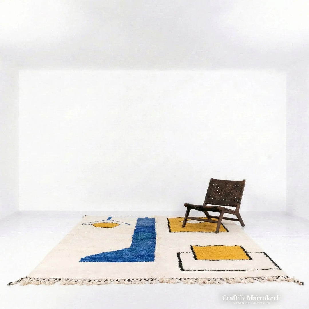 Geometrically patterned rug with a chair on a white background
