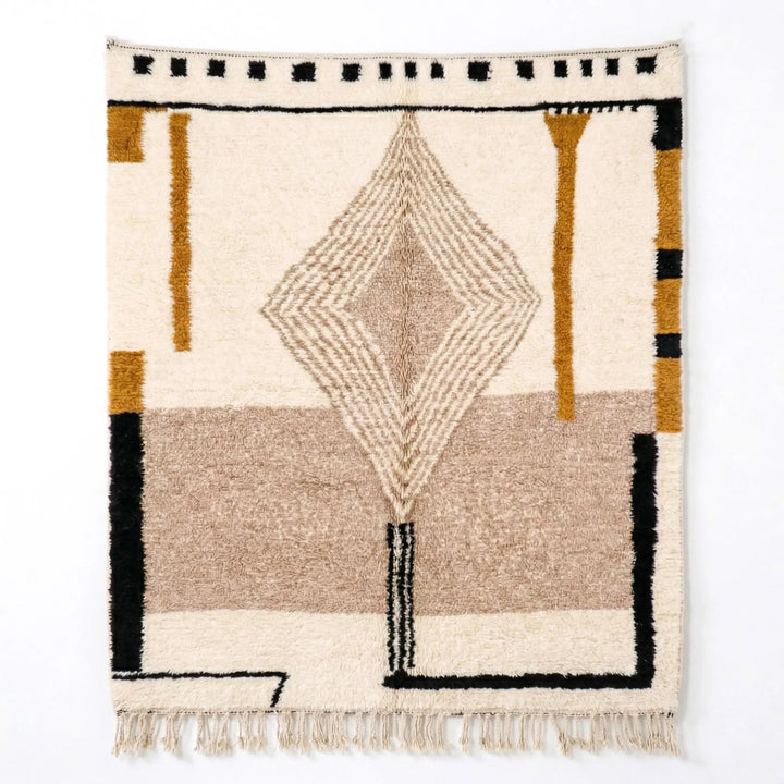 Woven rug with geometric pattern on a white background