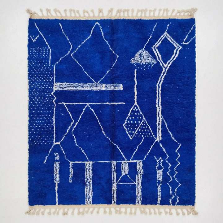 Custom Beni Ourain Rug - Electric Cobalt Blue &amp; White Geometric Craftily Marrakech