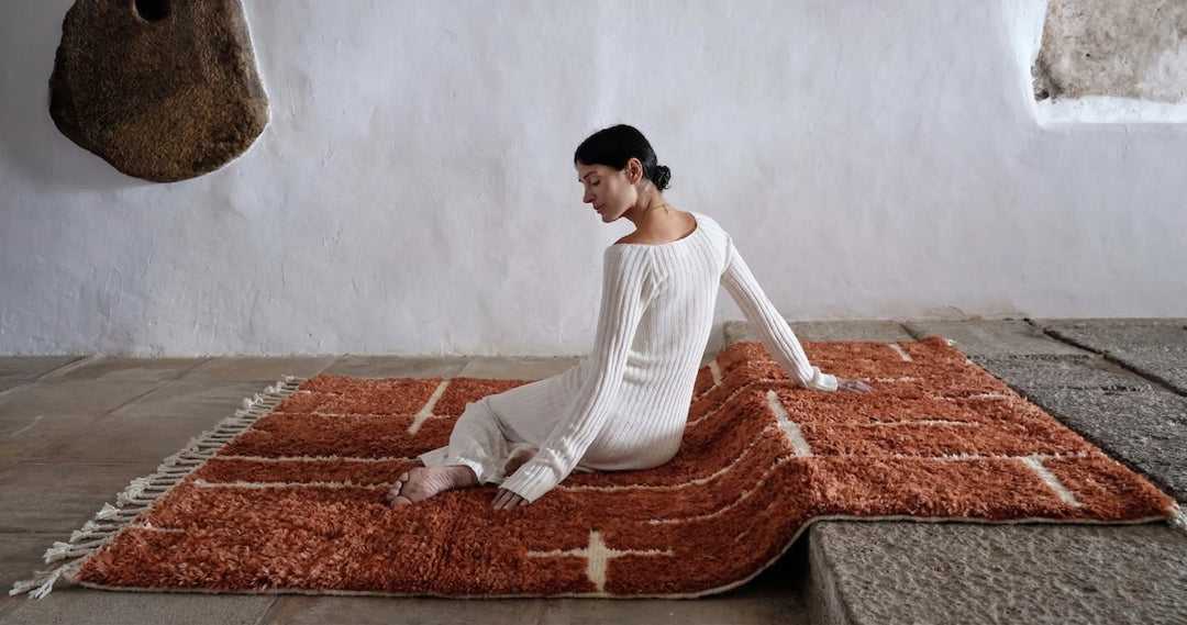 Custom The Aker Beni Mrirt Rug | Hand-Knotted Terracotta &amp; White Geometric