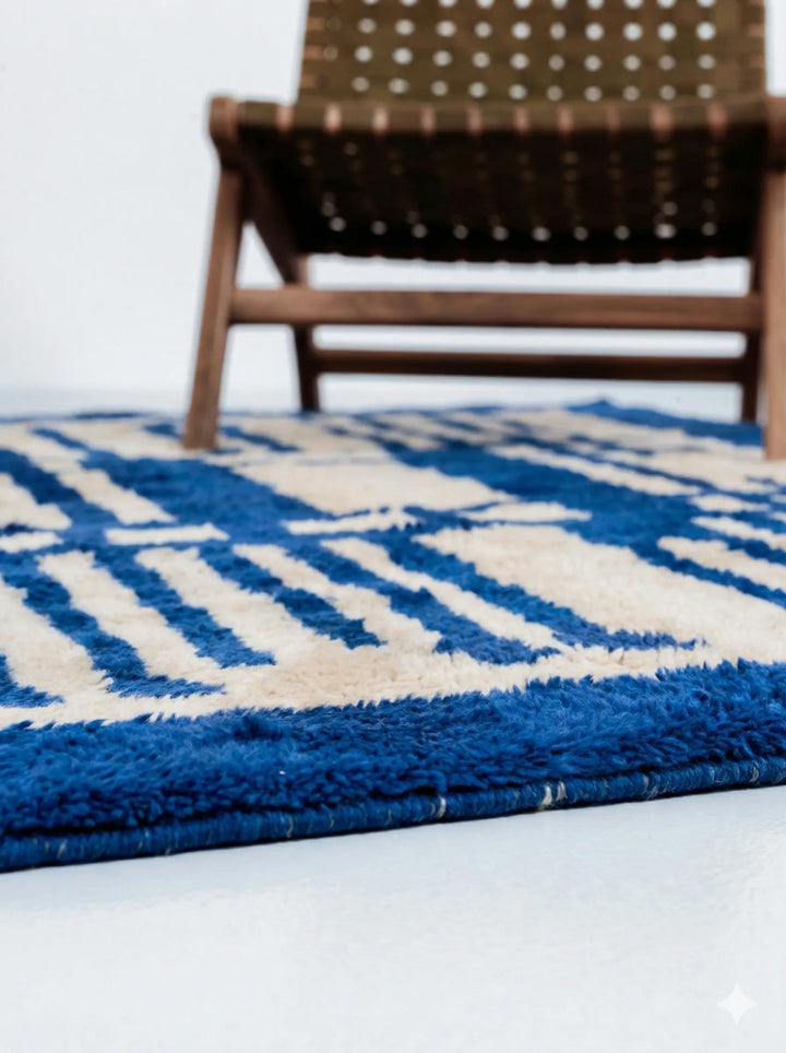 Custom size Beni Mrirt rug made to order. Authentic Berber craftsmanship showing full geometric pattern in blue and white.